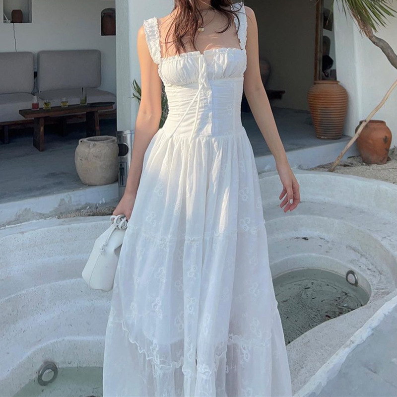 2026 Spring New Product Slim Fit Square Neck Resort Style Long Dress Sweet and Pure Temperament Dress Seaside Resort Dress