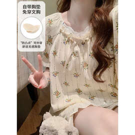 睡衣女纯棉甜美花朵印花带胸垫夏季短袖短裤宽松家居服套装可外穿