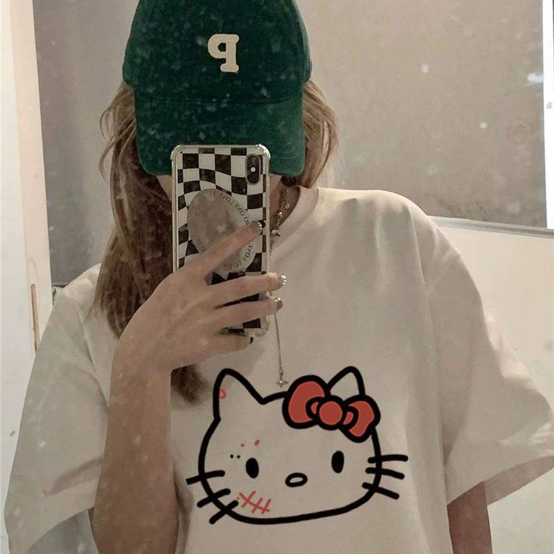Fat mm White Short-Sleeved T-Shirt for Women, American-Style Cute Hello Kitty Print, Versatile Loose Large Size Half-Sleeved Top Fat mm White Short-Sleeved T-Shirt for Women, American-Style Cute Hello Kitty Print, Versatile Loose Large Size Half-Sleeved Top