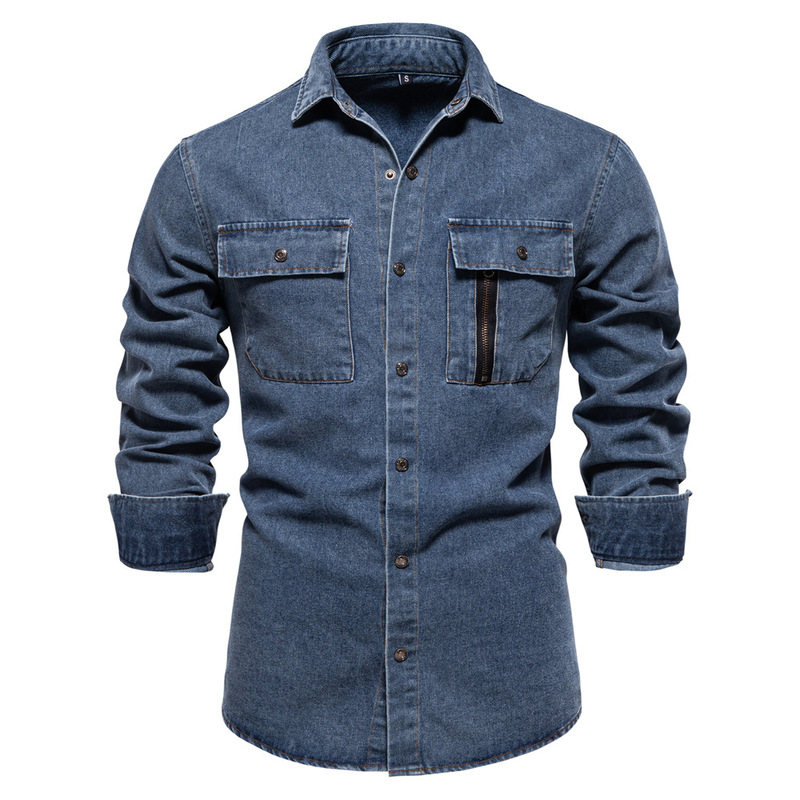 Autumn 2024 New Foreign Trade Trend European Size Denim Shirt Men's Casual Solid Color Cotton Long Sleeve Washed Shirt