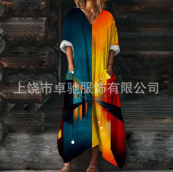 2025新款独立站女式复古花卉艺术图案印花口袋V领口袋连衣裙|undefined