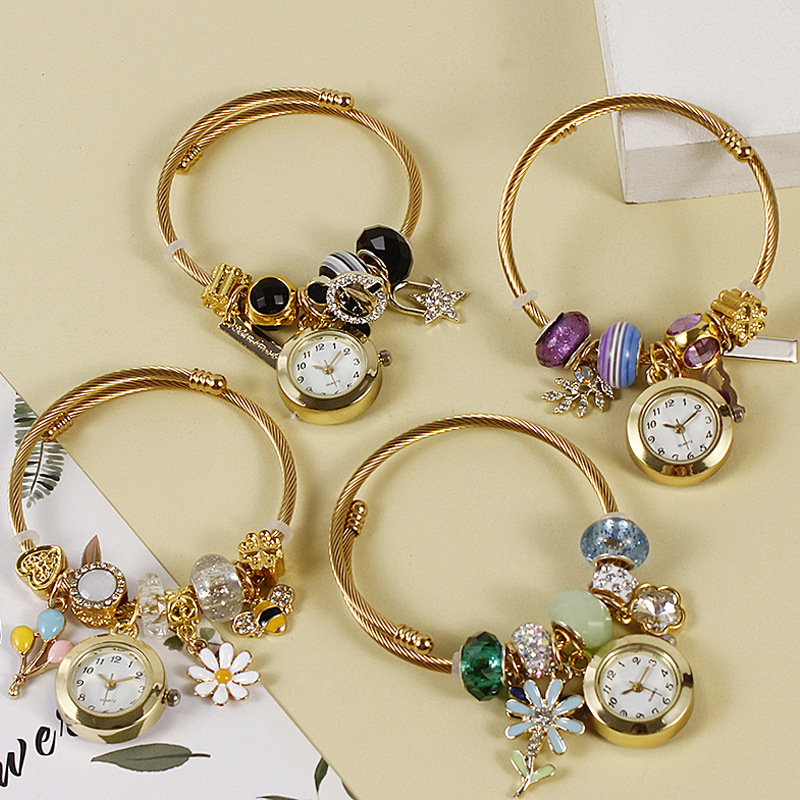 Cross-border golden bracelet watch adjustable opening alloy bracelet quartz watch beaded floret pendant couple watch