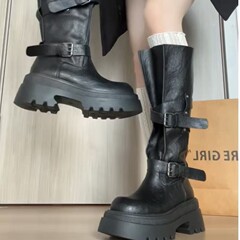 美拉德厚底皮带扣长筒靴女2025新款秋冬复古增高不过膝高筒骑士靴