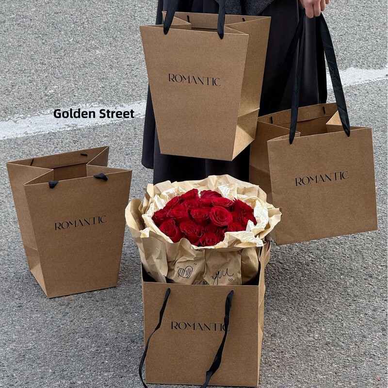 Simple Kraft Paper English Square Trapezoidal Tote Bag, Small Chanel-Style Bouquet Gift Bag, Thickened Packaging Paper Bag Material Simple Kraft Paper English Square Trapezoidal Tote Bag, Small Chanel-Style Bouquet Gift Bag, Thickened Packaging Paper Bag Material