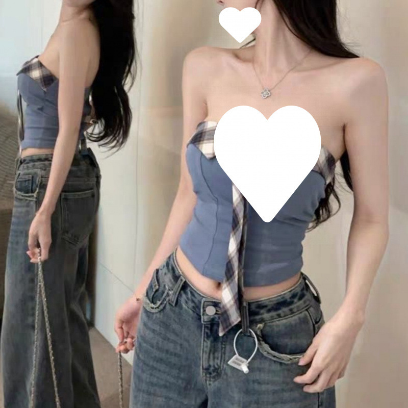 Summer New Style Retro Plaid Tie with a Spliced Design, Slim-Fitting Short Sleeveless Top