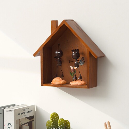 Wooden small house retro nostalgic home wall entrance decoration wall hanging wooden decoration shelf simple