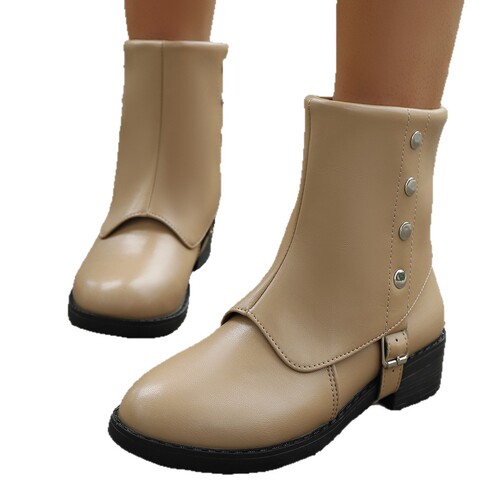 Autumn New Plus Size British Style Martin Boots for Women with Belt Buckle Western Boots with Rivets Mid-Calf Boots