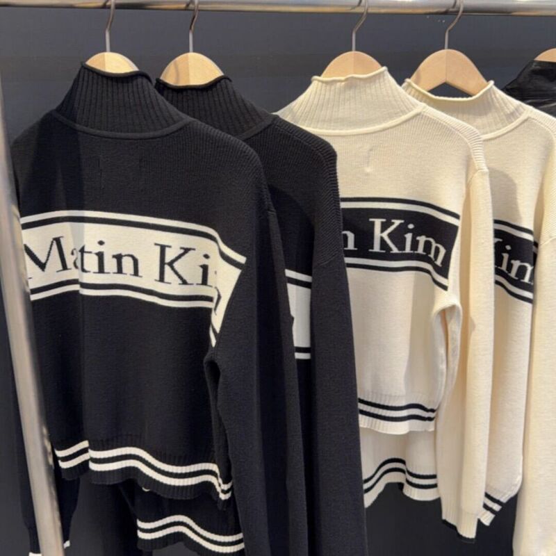 MatimKim Korean-style vest knit sweater with stripes, zipper, stand-up collar, jacquard sweater jacket, versatile top for couples, women's top