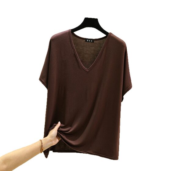 Modal Short-Sleeved T-Shirt for Women 2025 New Summer Loose Slimming Look Versatile Bottoming Shirt V Neck Casual Top Thin