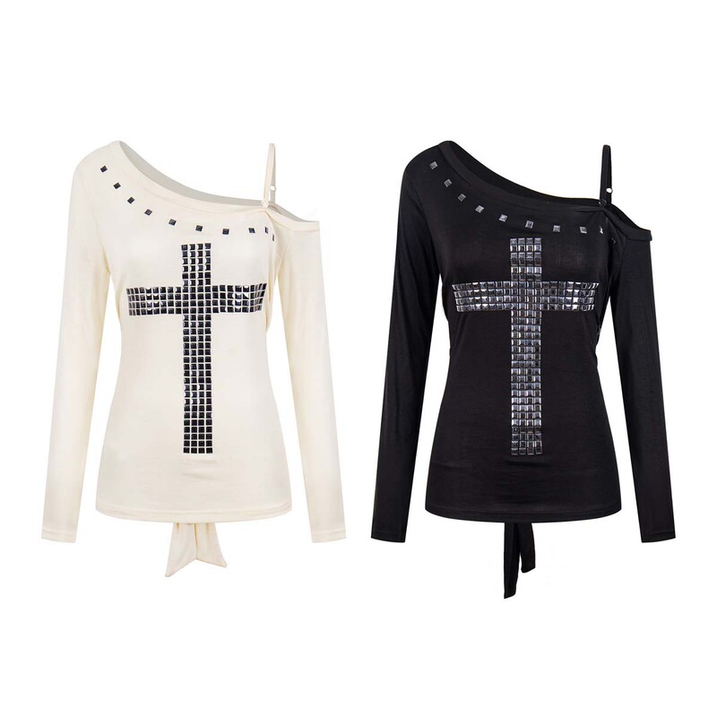 UNBDNS American retro cross rhinestone one-shoulder long-sleeve slim-fit design versatile top for women UNBDNS American retro cross rhinestone one-shoulder long-sleeve slim-fit design versatile top for women