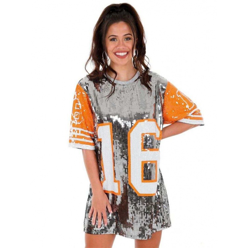 European and American 2025 Summer New Top plus size Sequins 16 Short Sleeve Loose Long T-Shirt dress Women