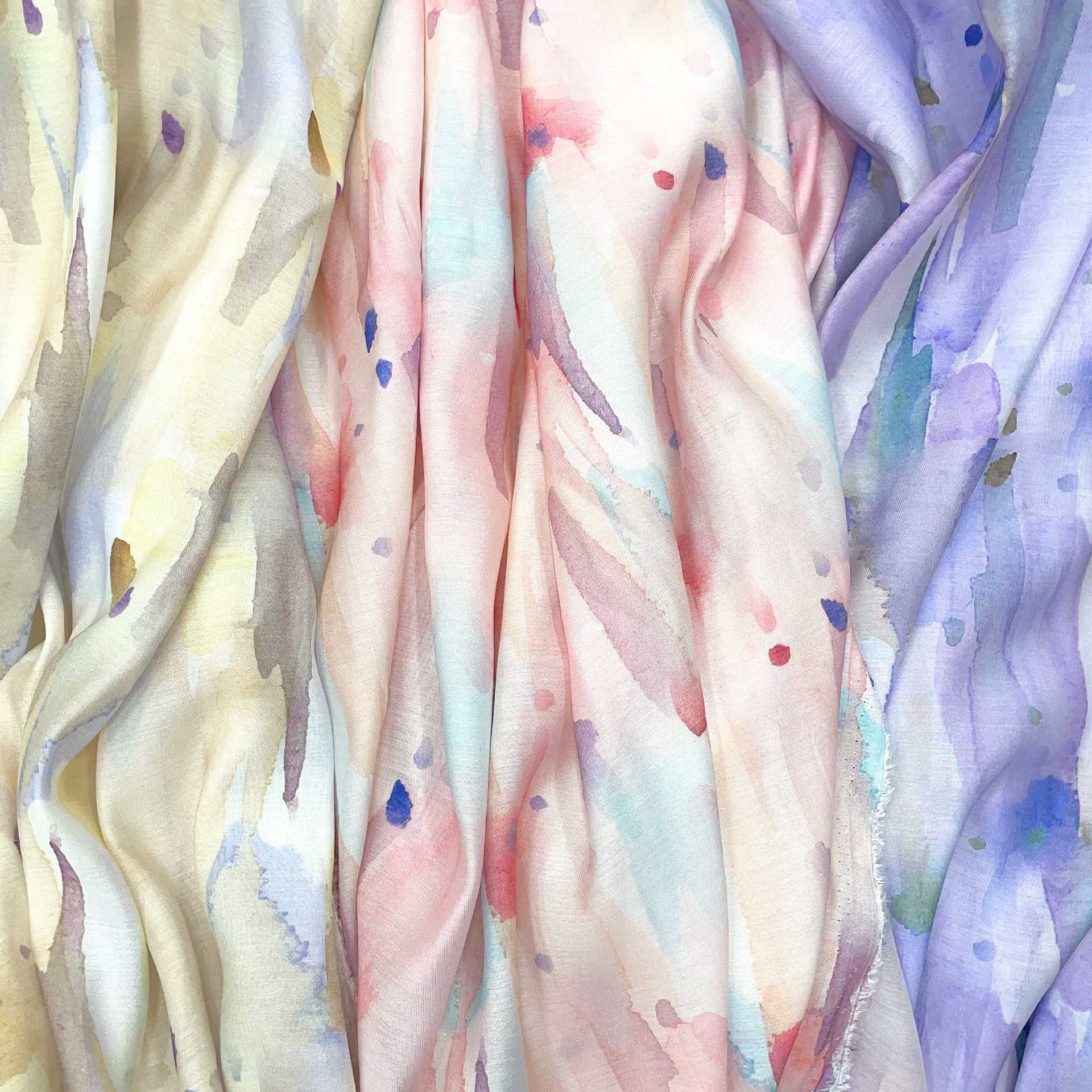 抽象文艺晕染现货天丝印花柔和浪漫数码印花面料田园风