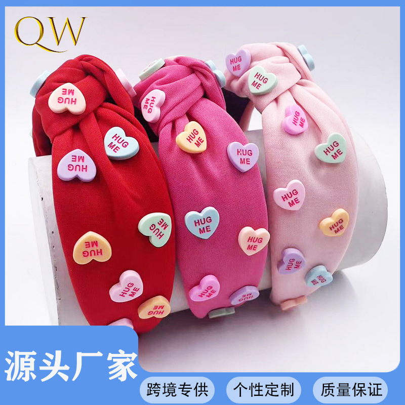 Diadema de tela hecha a mano para mujer con accesorios de corazón, diadema ancha anudada de color sólido para el Día de San Valentín, accesorio para el cabello antideslizante.