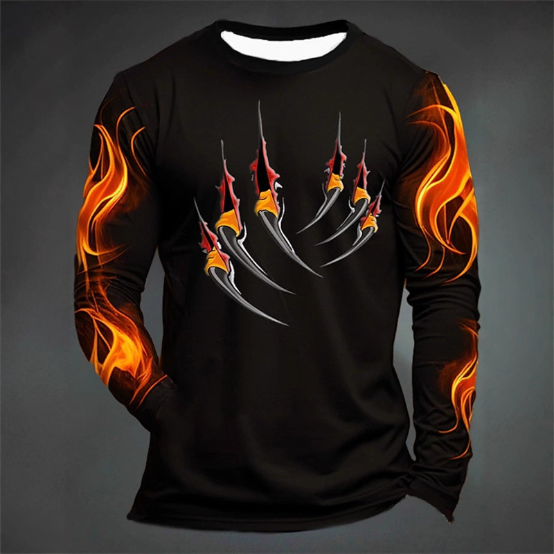 3D Printed Flame Scratch Pattern 3D Printed Autumn Men's Crew Neck T-Shirt Casual Long Sleeve Oversized Pullover