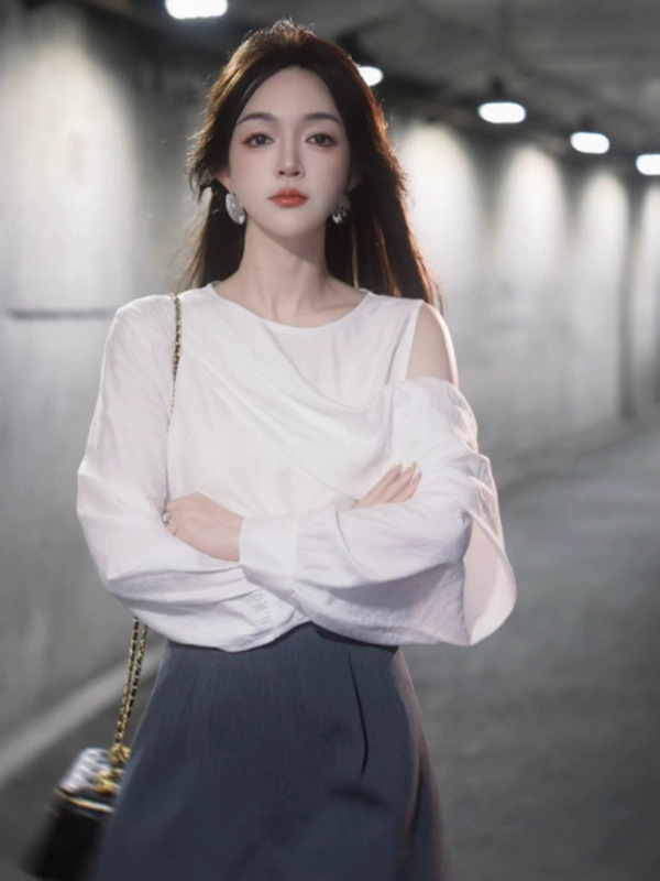 法式小资白色露肩长袖衬衫女早秋2025新款高级感不规则设计感上衣|undefined