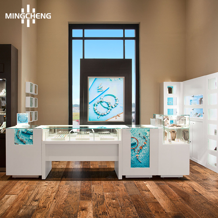 现代简约珠宝展示柜设计精品首饰专柜台烤漆玻璃陈列柜带灯样品架