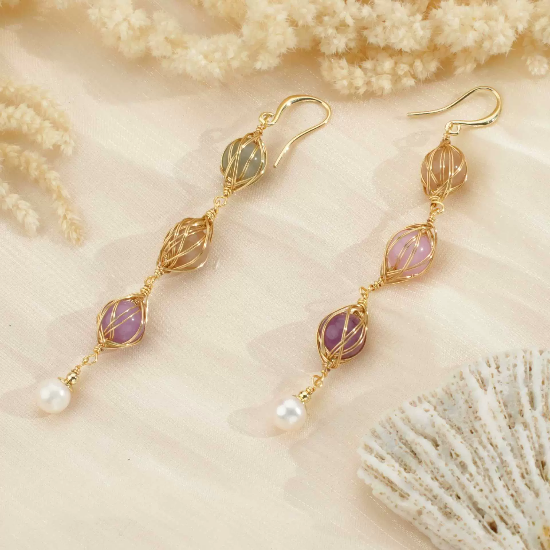 源头工厂天然珍珠多色石绕线耳钩耳环防水防敏饰品跨境批发爆款