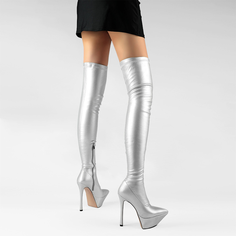 European and American Cross-Border Foreign Trade Pointed Toe Waterproof Platform Stiletto Heels Elastic Slim Boots Leg-Covering Tight Large Size Fashion Thigh Boots