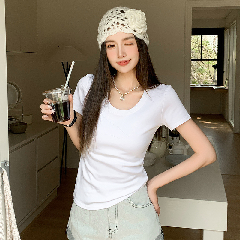 H673 Strictly Selected Pure Cotton U-Neck Short-Sleeved Women's Summer Thin Slim-Fit Slimming Joker Top T-Shirt Shoulder Base Shirt