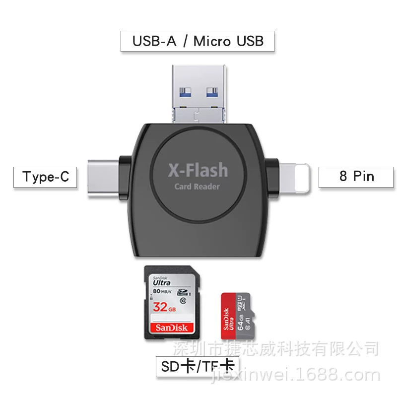 Applicable to Apple Android Type-C mobile phone USB computer four-in-one OTG card reader supports SD/TF card reader