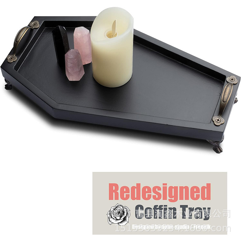 Gothic Style Wooden Tray Coffin Shape Wooden Decorative Tray Halloween Dark Style Wooden Storage Tray