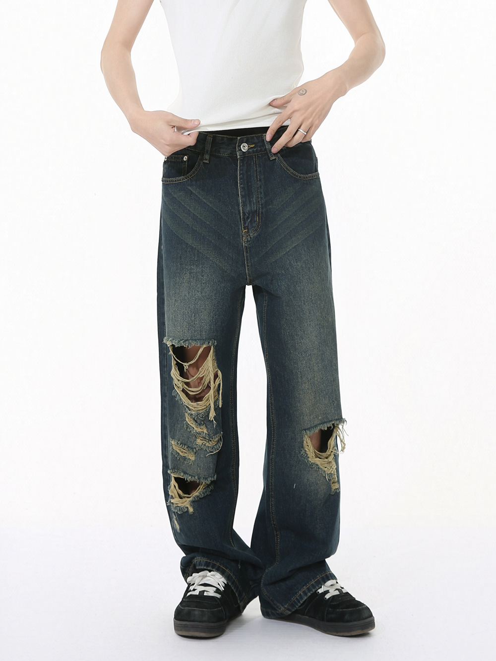 MTLCLOTHES Hombres| Nuevos productos americanos de alta calle vibe desgastado hacer viejos bordes sueltos jeans recto de moda