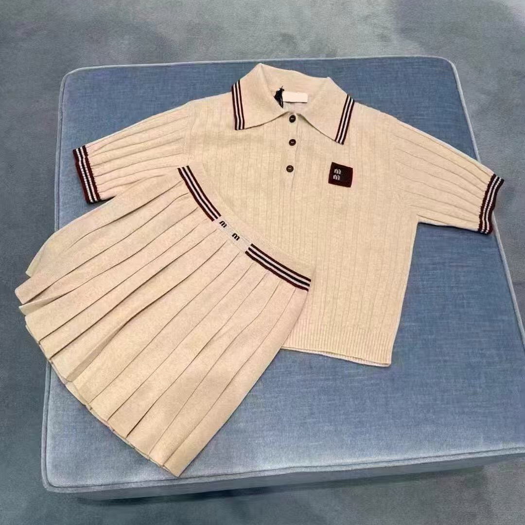 Nanyou Women's 25 New College Style Contrast Color Striped Sweater + Vest Polo Short Sleeve Skirt Suit Women