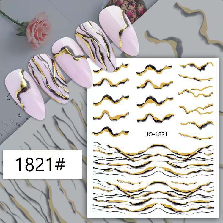 Nuevas pegatinas de uñas de oro de color marmoleado transfronterizo patrón de colina irregular curva dorada en blanco y negro pegatinas astringentes