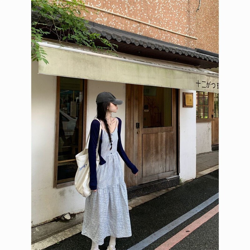 Early Spring 2026 New Korean Style Long-Sleeved Knitted Cardigan Set with Plaid Suspender Dress Two-Piece Set for Spring
