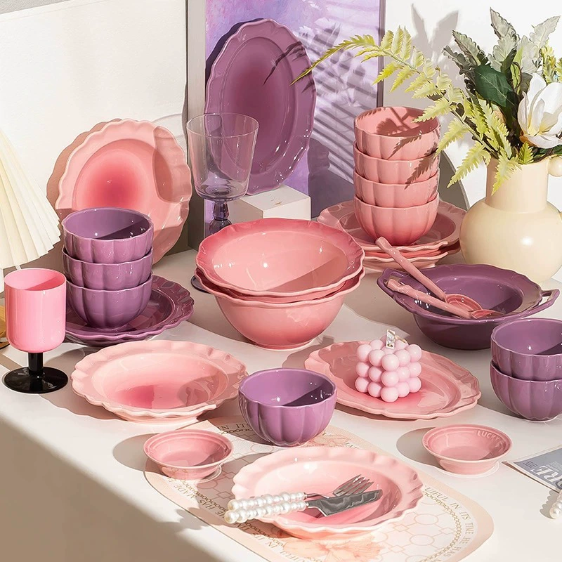 Pink-purple fresh high quality ceramic tableware for home use, internet celebrity