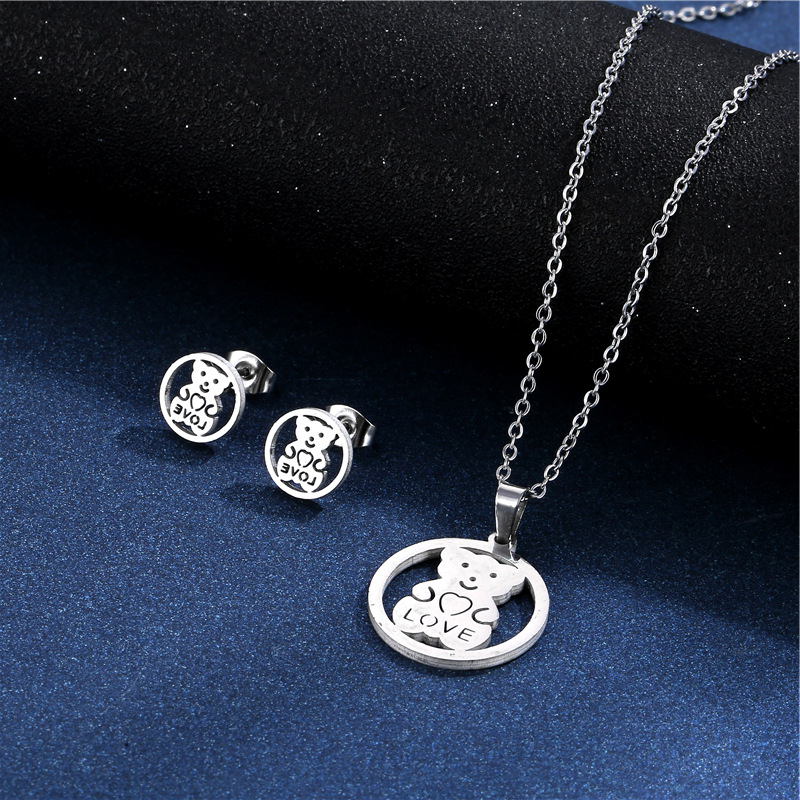 Simple Geometric Round Hollow Love Bear Stainless Steel Necklace Earrings Set
