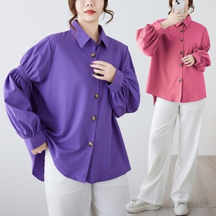 Hong Kong Style Fashion Design Plus Size Solid Color Shirt Lapel Slim Pleated Long-Sleeved Top for Women