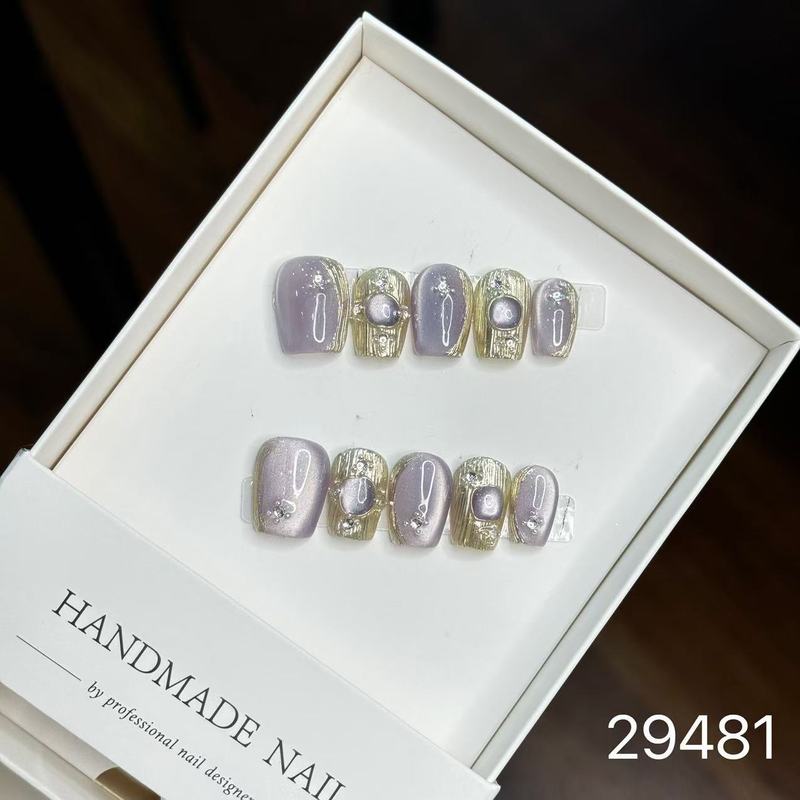 【純手作りのつけ爪29-32】ロングフレンチキャットアイパッチ付け爪、取り外し可能なネイルアートコレクション|undefined