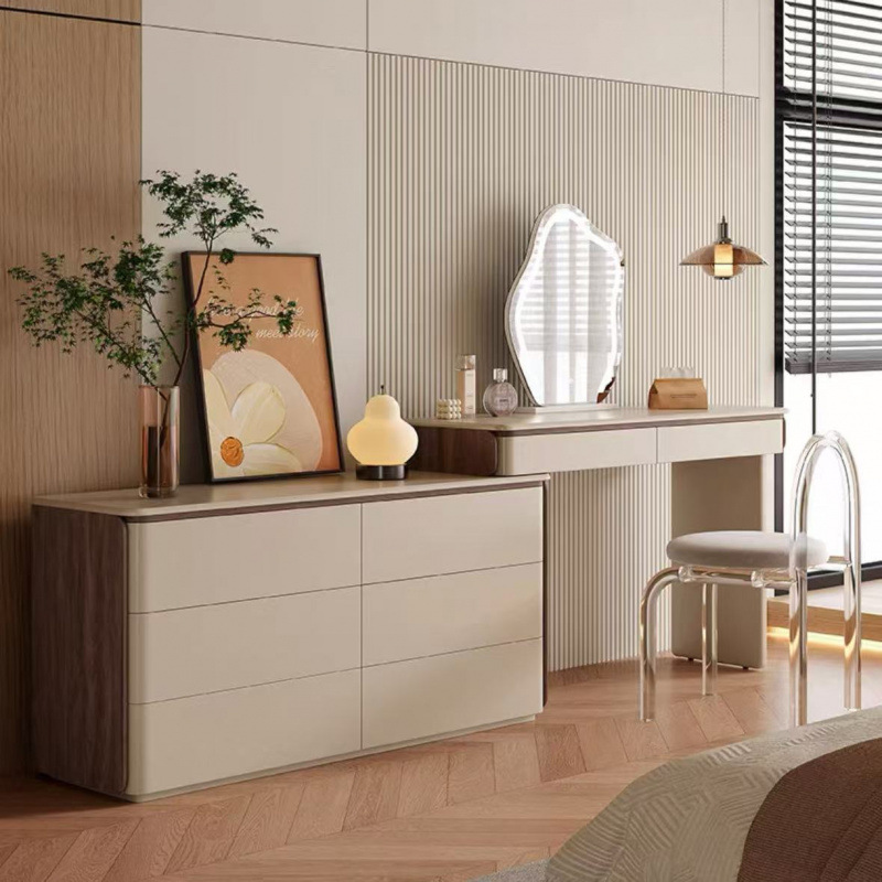 Dressing Table and Cupboard Integrated Bedroom Wabi-Sabi Style Simple Solid Wood Storage Cabinet Corner Bedside Retractable Light Luxury Dressing Table