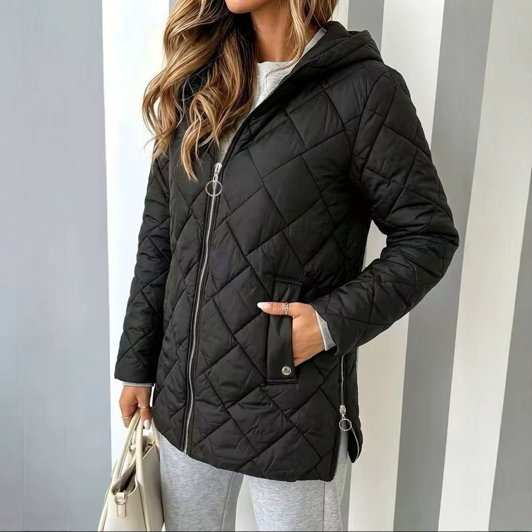 2026 European and American cross-border Amazon large-size women's hooded quilted cotton jacket, regular style, warm and loose-fitting coat