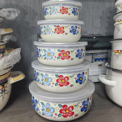 Old-Fashioned Enamel Bowl with Lid, Thickeneded Sealed Bowl Set, Kitchen Storage Bowl, Nostalgic Vegetable Bowl, Five-Piece Set, Soup and Rice Bowl