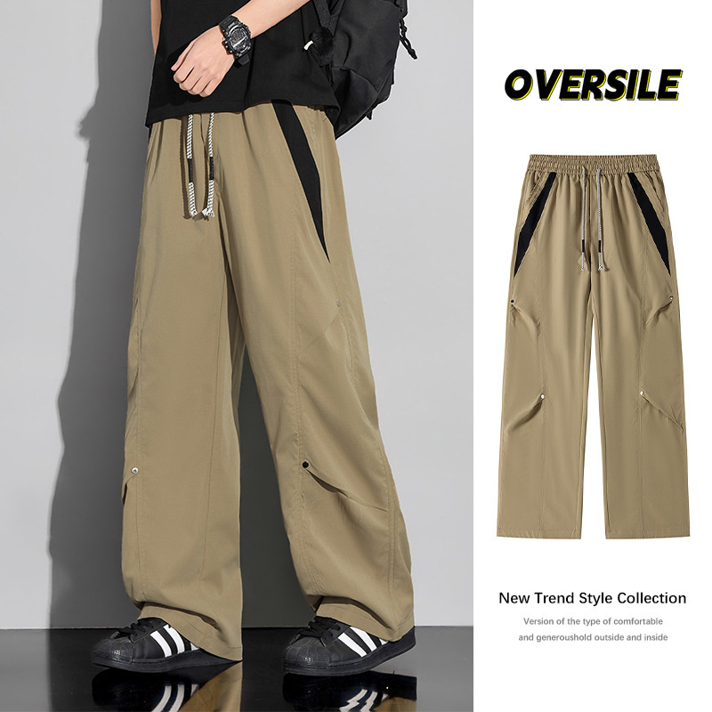 New Summer Casual Pants for Teenagers, Loose and Versatile Straight-Leg Wide-Leg Pants with Contrasting Color Splicing, Men's Fashionable Trendy Pants
