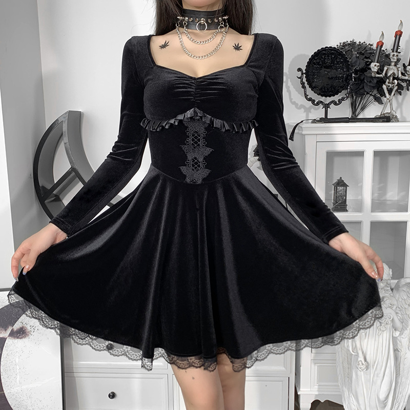 Gothic Style Long-Sleeved Butterfly Embroidery Lace High Waist A-Line Dress NSGYB111781