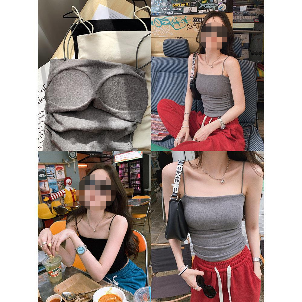 Beibei Side Ruched Spaghetti Strap Camisole for Women Versatile Waist-Slimming Fixed Cup Latex Bra Pad