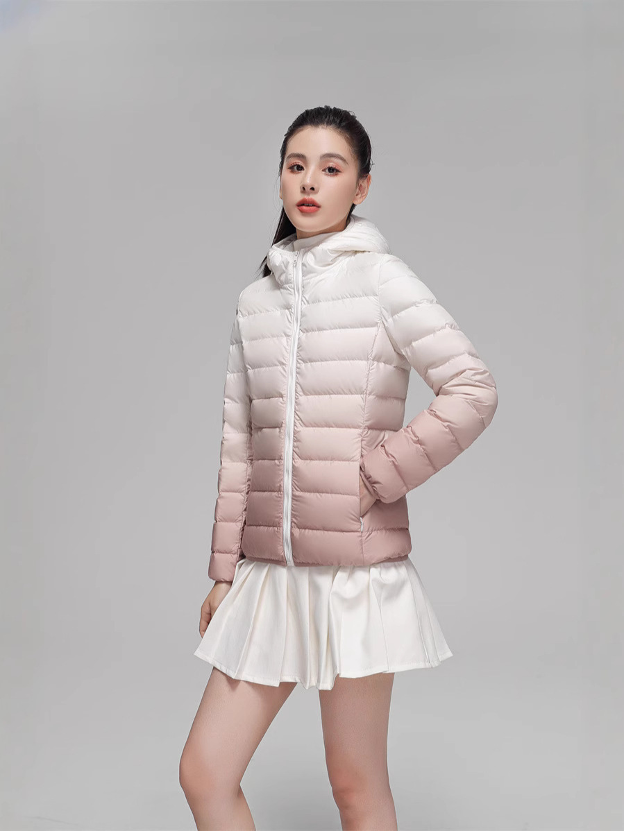 Transfronterizo Tik Tok otoño y invierno nuevo 90 camisa de plumón ligera cuello con capuchón de color gradiente de gran tamaño blanco