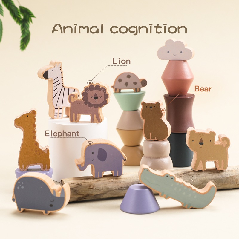 Juguetes de madera para apilar con forma de zoológico para la educación temprana de los niños, concentración infantil, coordinación ojo-mano, viga de equilibrio, bloques de apilamiento