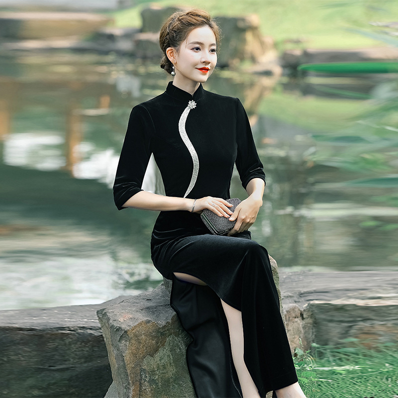 Black Women's Cheongsam for Mother-In-Law's Toast, Fashionable and Elegant, Slimming and High-End, Suitable for Photoshoots and Travel, Vintage Cheongsam Dress