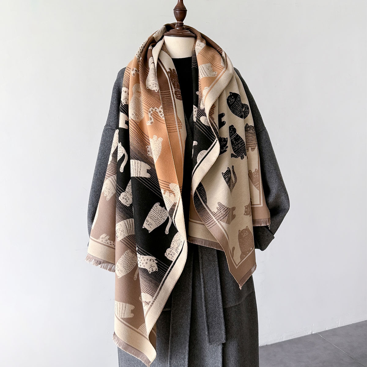 700g Weight Scarf Classification Daily, Street Occasion Polyester Material Cat Pattern Autumn&Winter Season Unisex Gender Cute, Basic Style Unisex Cute Basic Cat Polyester Scarf 1