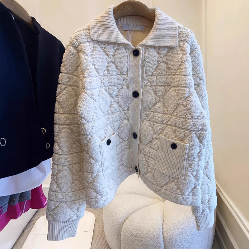 Spot D's 2024 Autumn and Winter Classic Elegant Wool Lapel Single-Breasted Quilted Pattern Knitted Cardigan Jacket for Women