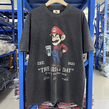 Vintage小众潮牌马里奥卡通洗水做旧复古男女宽松夏季重磅短袖T恤