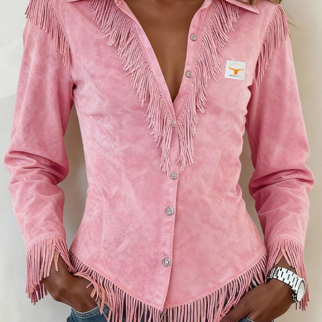 Spot Amazon Foreign Trade Cross-Border 2025 Western Cowboy Style Suede Tassel Slim Long-Sleeved Shirt
