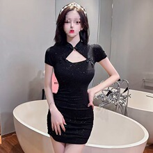 黑色性感改良旗袍亮片镂空盘扣连衣裙女夏气质收腰显瘦包臀超短裙