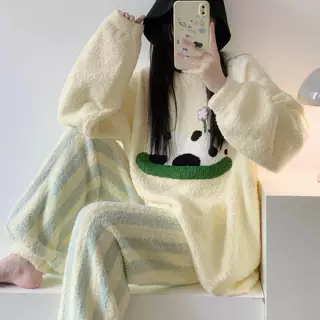 半边绒睡衣女秋冬季针织毛衣套装加绒加厚珊瑚绒家居服可外穿大码