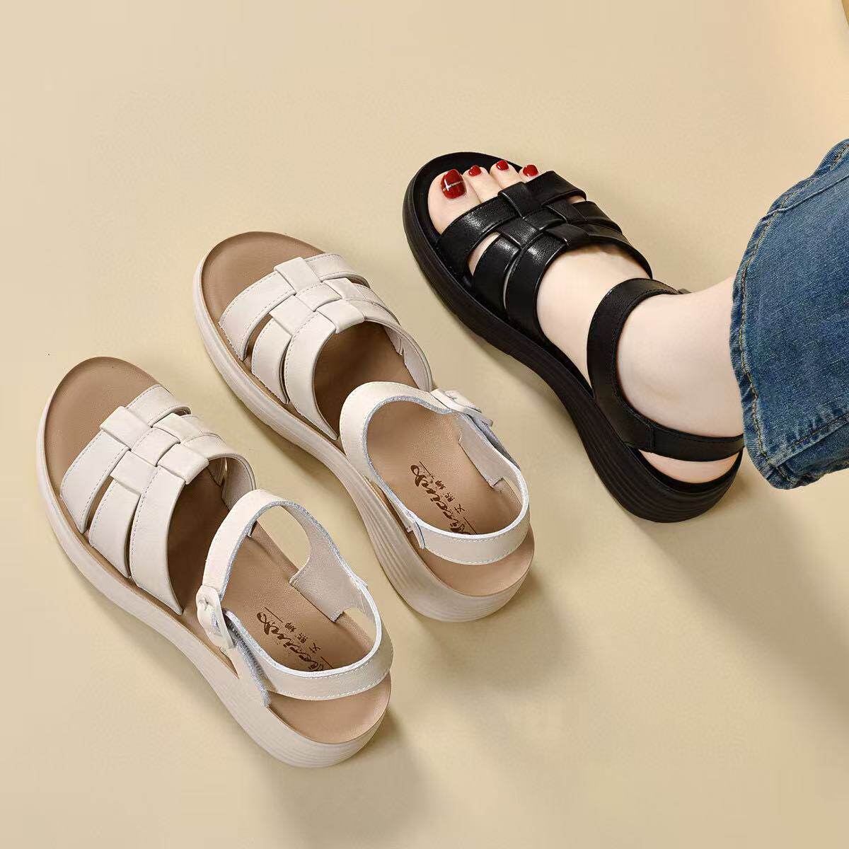 Sandal nữ hở mũi đế xuồng da thật gót thấp mềm phong cách cơ bản — màu đen