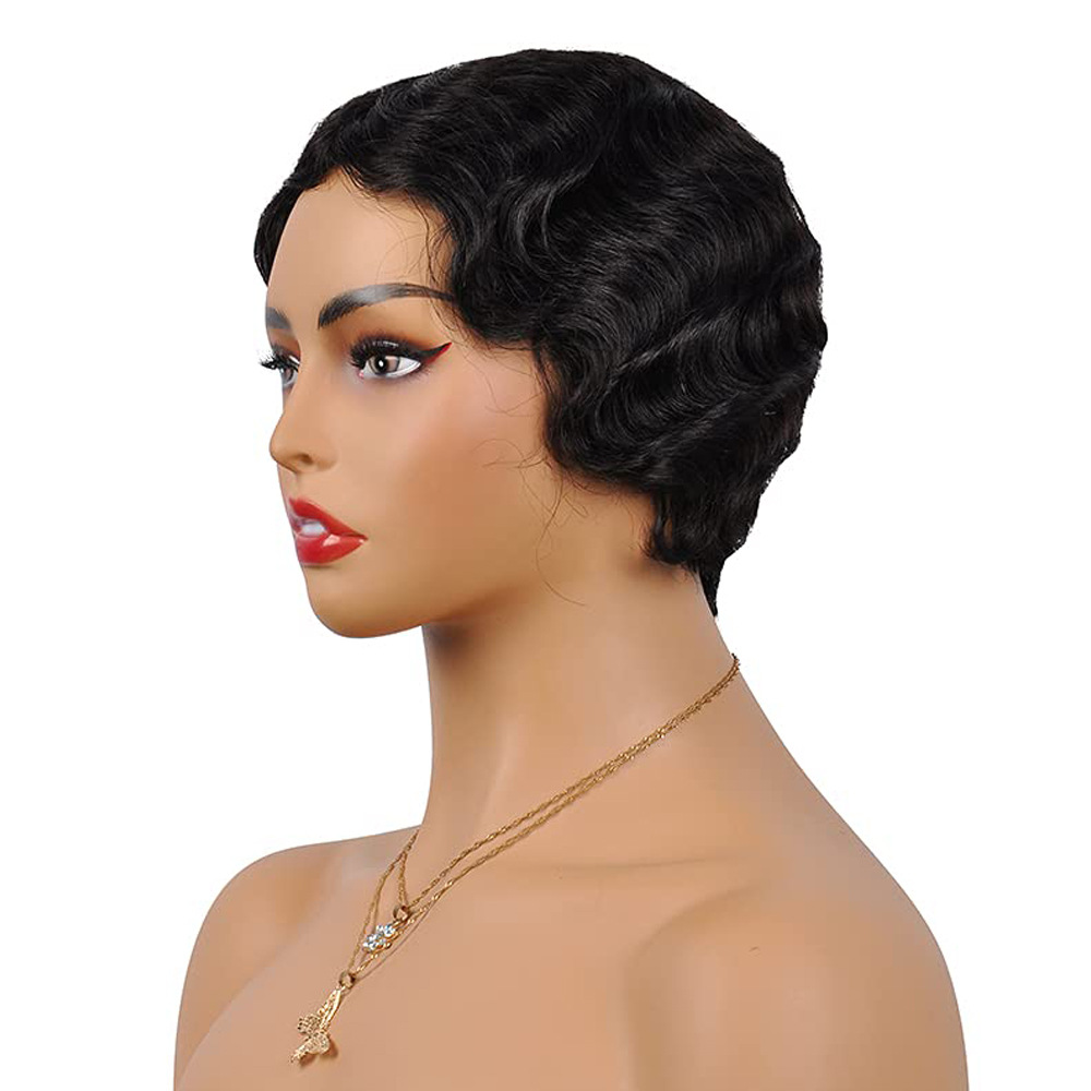 Cheveux humains fabriqués à la machine capuche courte tête de Shanghai rétro ondulé ondulation de l'eau cheveux courts bouclés capuche de cheveux humains_voghion.com